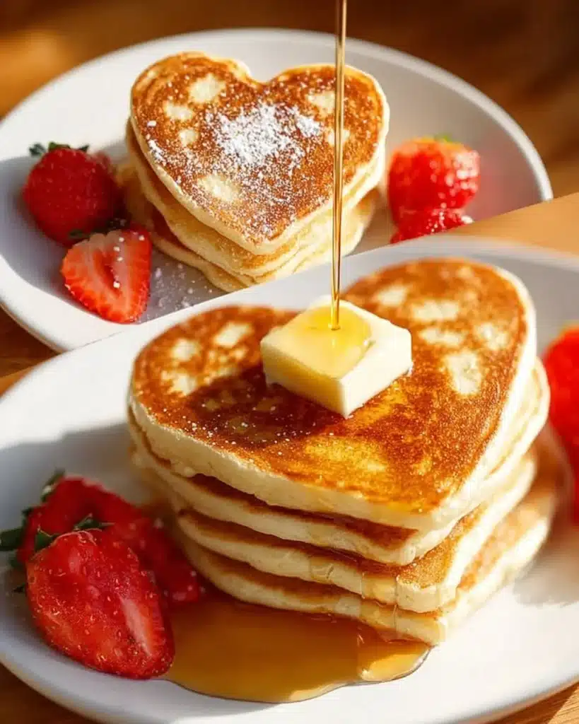 Delicious heart shaped pancakes topped with berries and syrup