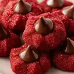 Plate of Hershey's Red Velvet Blossoms cookies with cream cheese icing