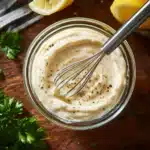 Homemade garlic aioli in a bowl with fresh garlic cloves and herbs