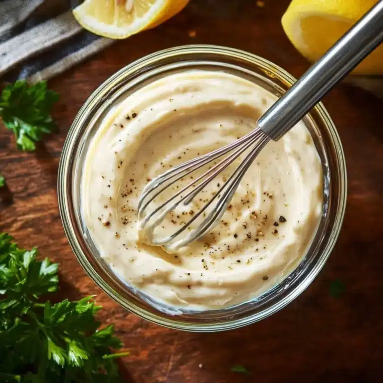Homemade garlic aioli in a bowl with fresh garlic cloves and herbs