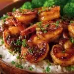 Delicious honey garlic shrimp bowl garnished with vegetables and served in a bowl