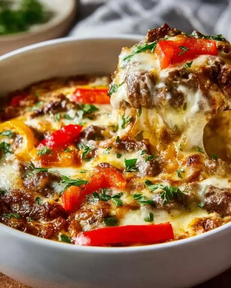 Low Carb Philly Cheesesteak Casserole dish making a delicious meal