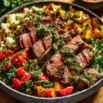Mediterranean steak bowl topped with fresh vegetables and herbs.