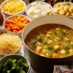 Bowl of one pot creamy vegetable soup with assorted vegetables and herbs