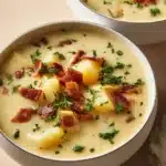 Delicious bowl of Outback potato soup garnished with chives and bacon