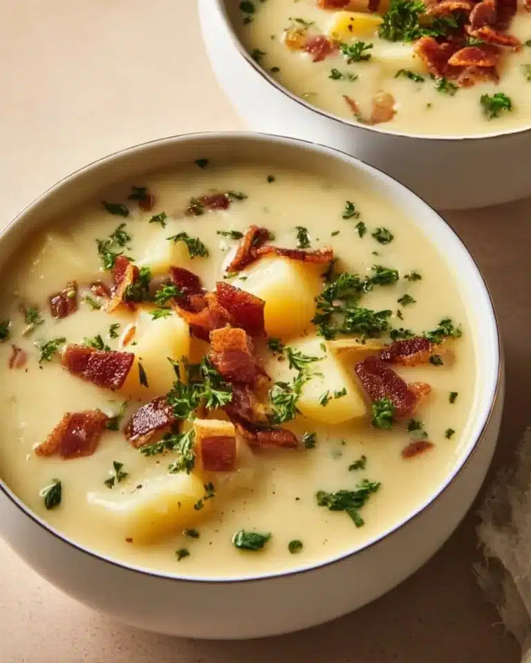 Delicious bowl of Outback potato soup garnished with chives and bacon