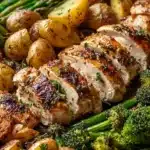 Sheet pan garlic butter chicken with colorful roasted veggies on a dinner plate.