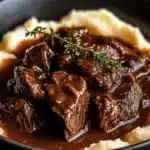 Slow Cooker Beef Manhattan dish garnished and ready to serve.