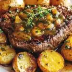 Slow cooker cowboy butter steak and potatoes on a rustic plate