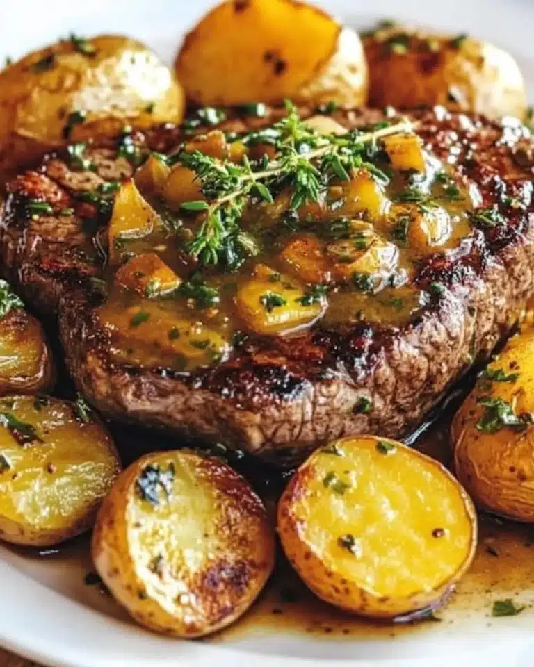 Slow cooker cowboy butter steak and potatoes on a rustic plate