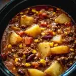 Delicious slow cooker cowboy casserole in a bowl with toppings