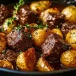 Slow Cooker Garlic Butter Beef Bites served with potatoes on a plate