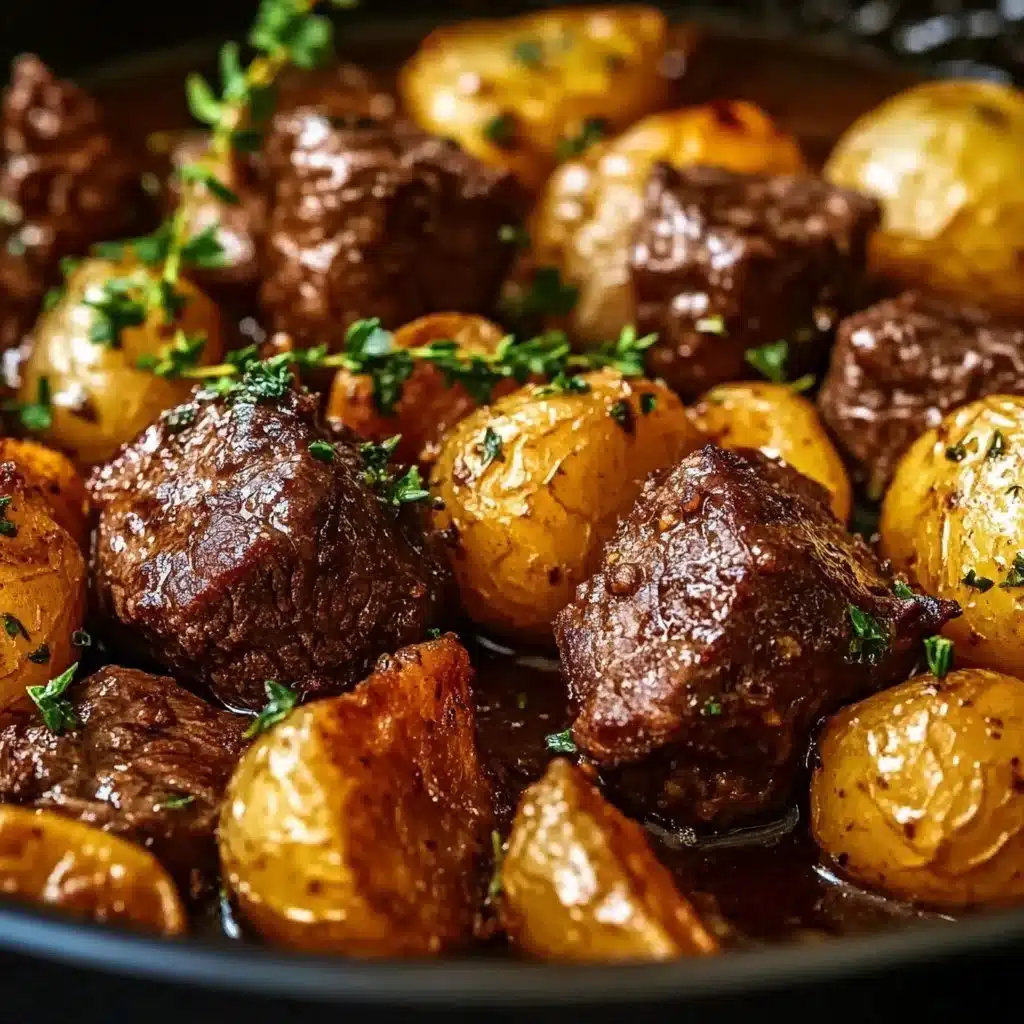 Slow Cooker Garlic Butter Beef Bites served with potatoes on a plate