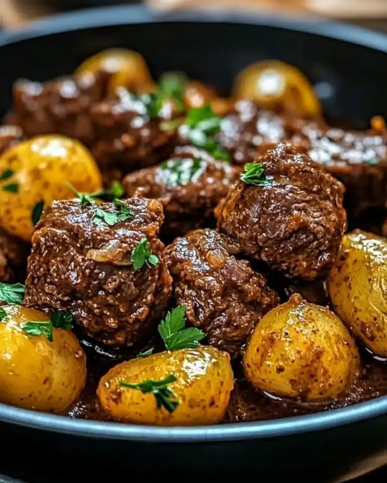 Slow Cooker Garlic Butter Beef Bites with Potatoes in a hearty dish