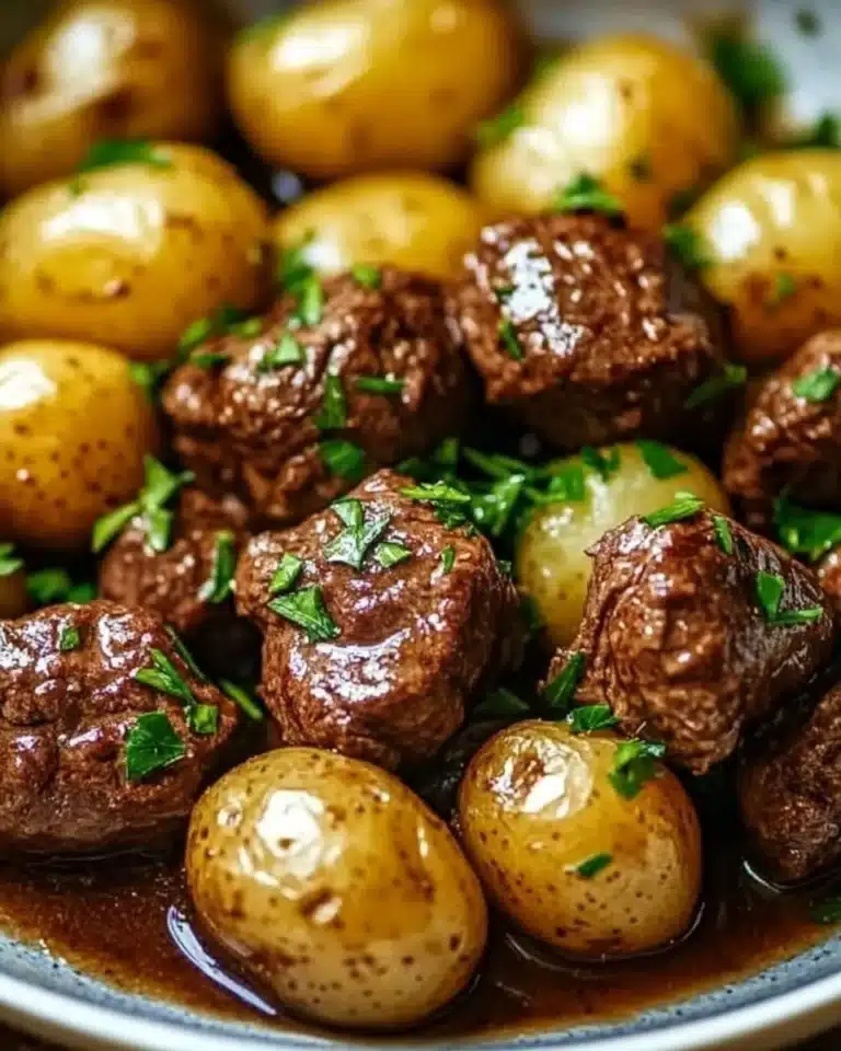 Slow Cooker Garlic Butter Beef Bites served with potatoes in a rustic setting