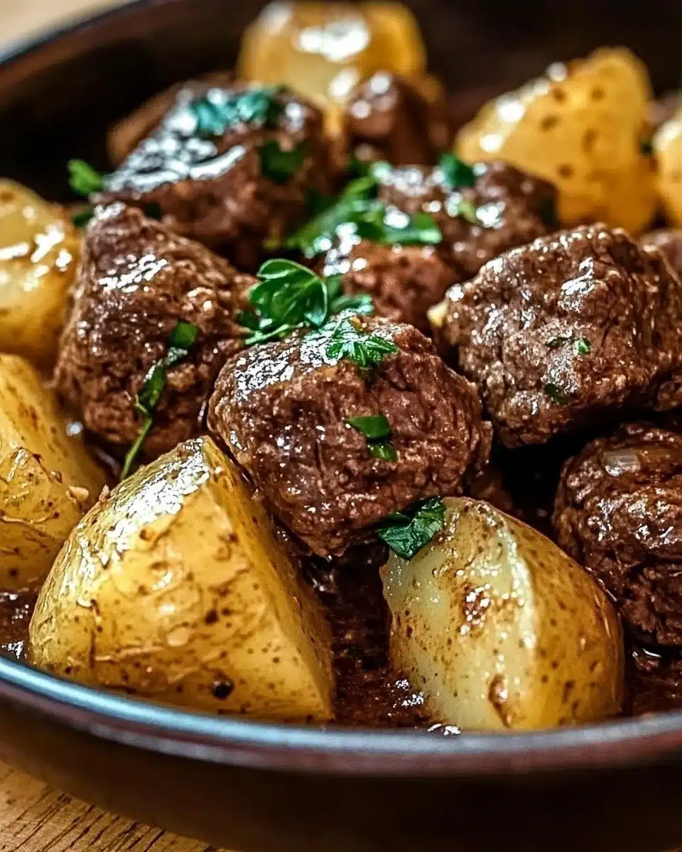 Slow Cooker Garlic Butter Beef Bites & Potatoes