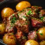 Slow cooker garlic butter beef bites with potatoes served in a bowl