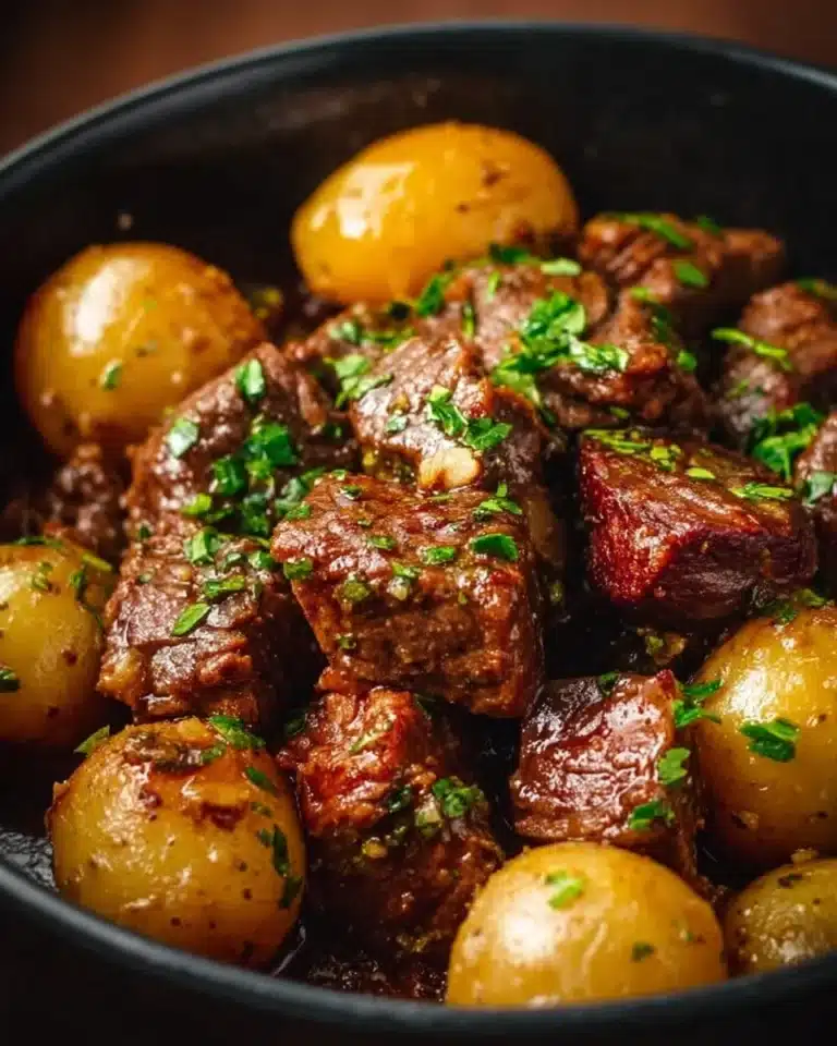 Slow cooker garlic butter beef bites with potatoes served in a bowl