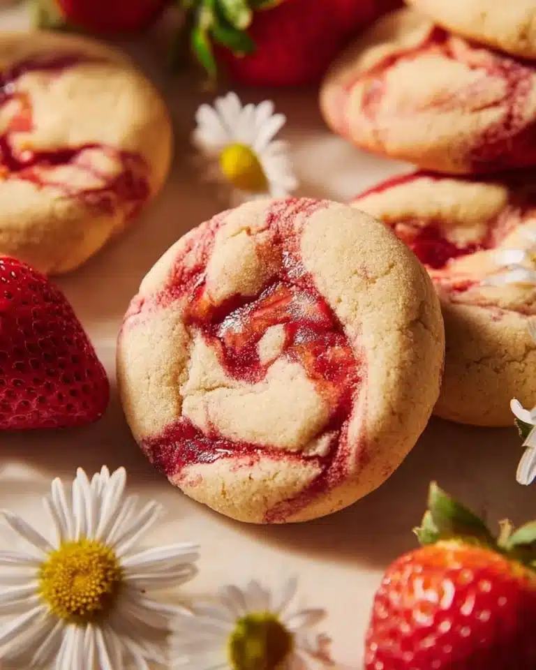 Delicious strawberry cheesecake cookies on a plate decorated with fresh strawberries.