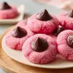 Freshly baked Strawberry Kiss Cookies topped with strawberries and a sweet kiss.