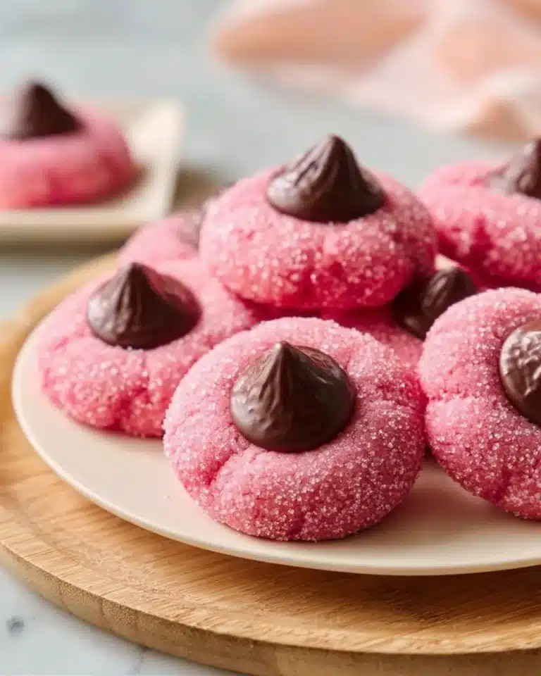 Freshly baked Strawberry Kiss Cookies topped with strawberries and a sweet kiss.