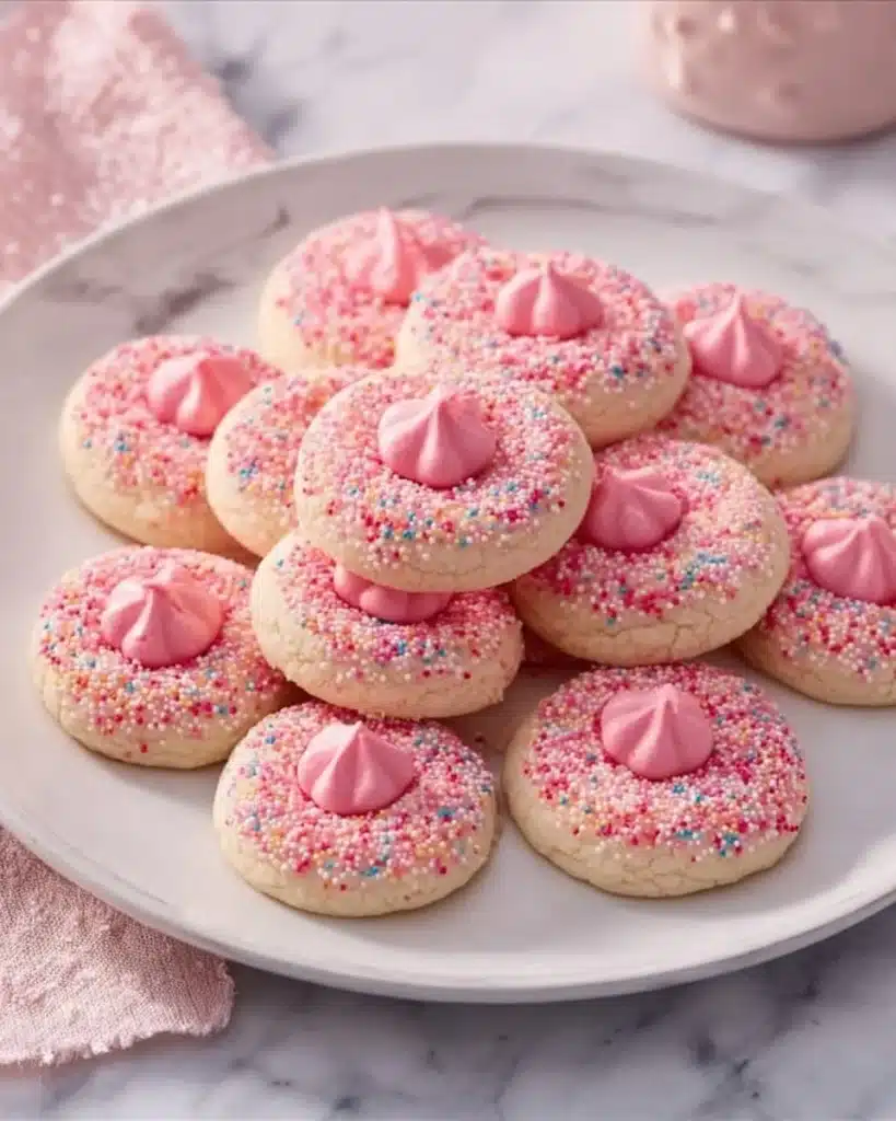 Strawberry Kiss Cookies topped with chocolate, perfect for Valentine's Day.