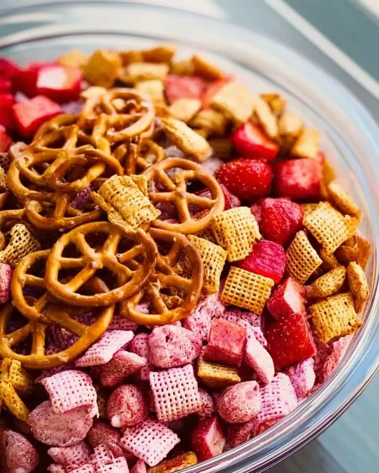 Strawberry Valentine's Chex Mix in a heart-shaped bowl