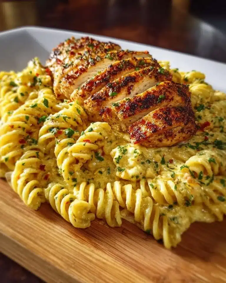 Creamy garlic parmesan chicken pasta dish with herbs and cheese