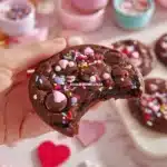 Valentine's Chocolate M&M cookies decorated for Valentine's Day