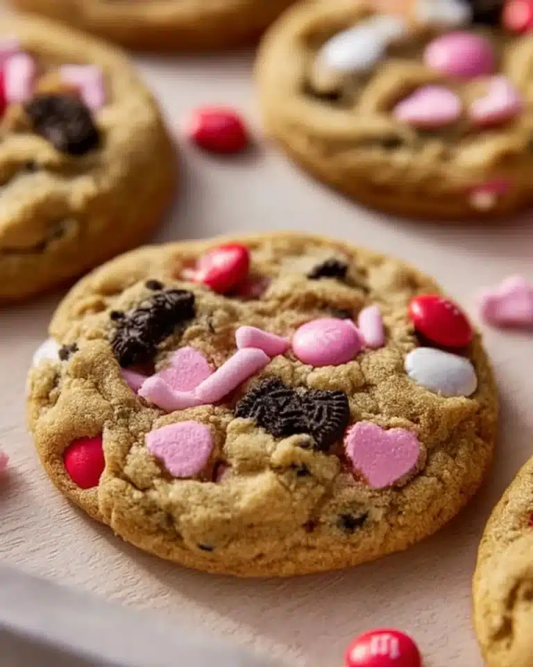 Valentine's Day Oreo M&M's Cookies with colorful candies and Oreo chunks