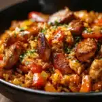 Delicious plate of authentic Cajun Jambalaya with shrimp, sausage, and rice
