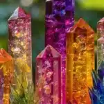 Vibrant rainbow crystals formed from baking soda in a colorful forest scene.