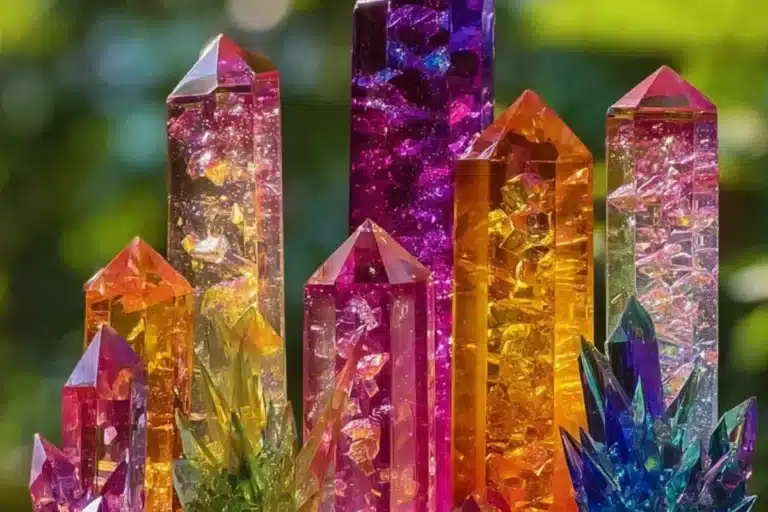 Vibrant rainbow crystals formed from baking soda in a colorful forest scene.