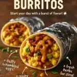 Delicious breakfast burritos filled with eggs, cheese, and fresh vegetables.