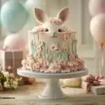 Bunny Rabbit birthday cake decorated with cute bunny features and pastel colors