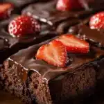 Delicious chocolate covered strawberry brownies topped with fresh strawberries.