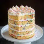 Slice of Coconut Confetti Cake decorated with colorful sprinkles and coconut flakes
