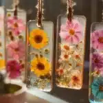 Colorful DIY bioplastic suncatchers hanging in a sunny window.