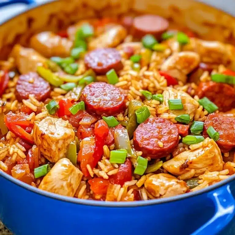 A colorful bowl of easy one pot jambalaya filled with shrimp, sausage, and rice.