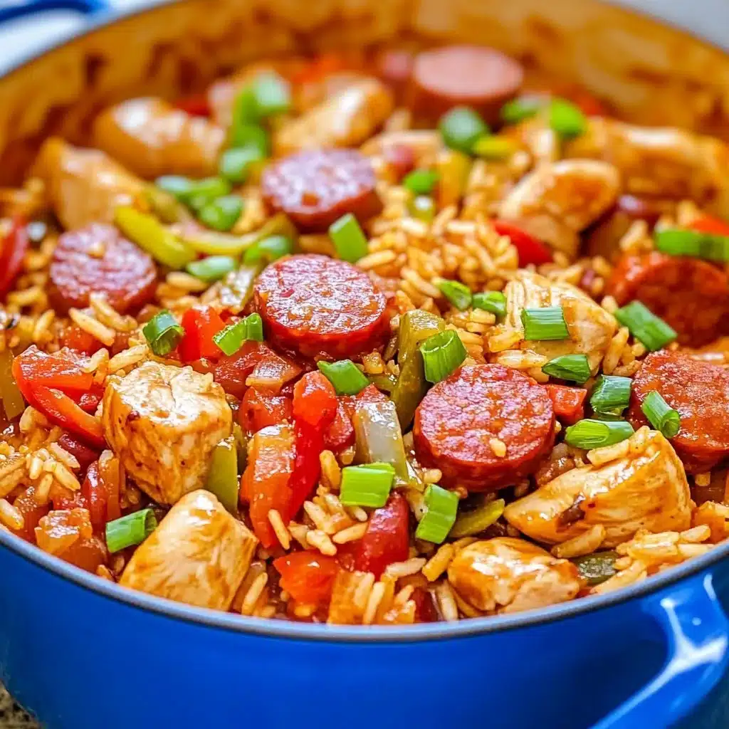 A colorful bowl of easy one pot jambalaya filled with shrimp, sausage, and rice.
