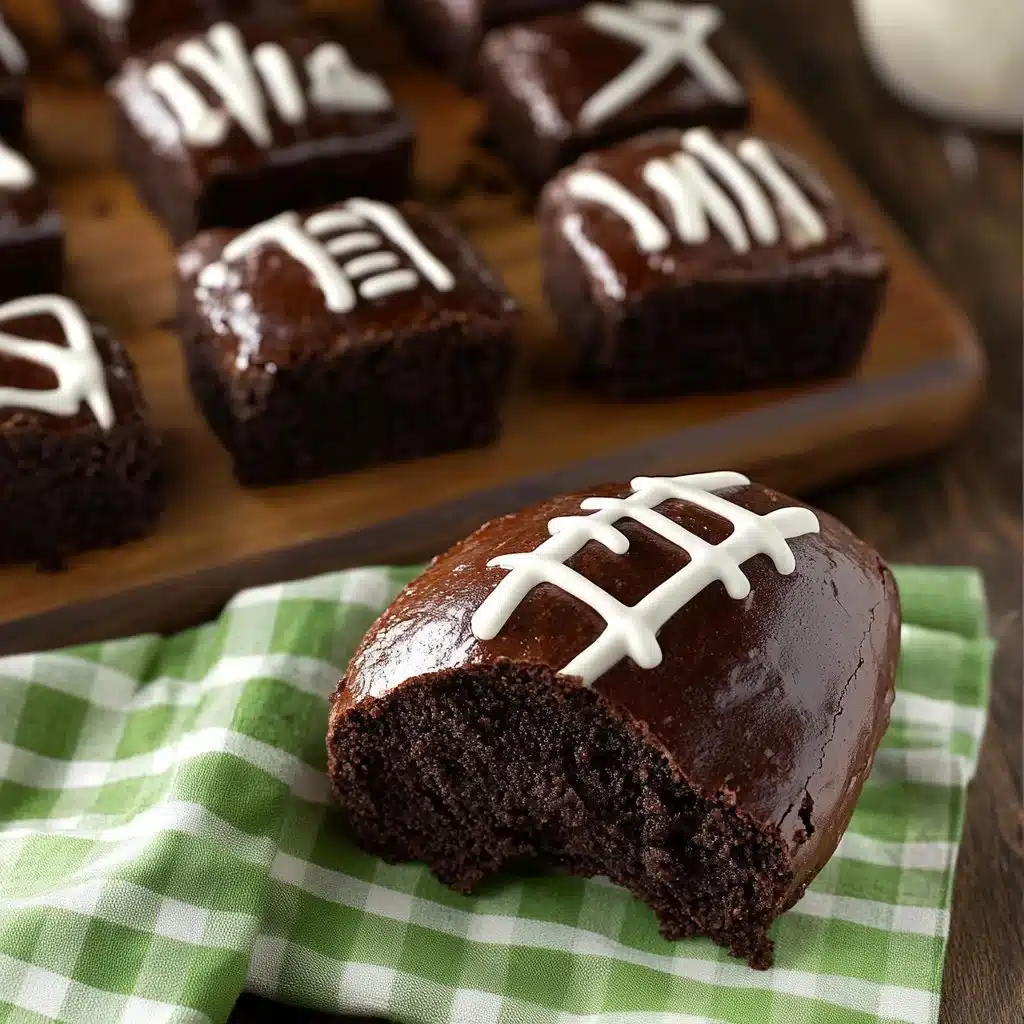 Fudgy football brownies decorated for game day celebrations.