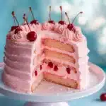 Delicious homemade cherry chip cake with colorful cherry chips garnished on top.