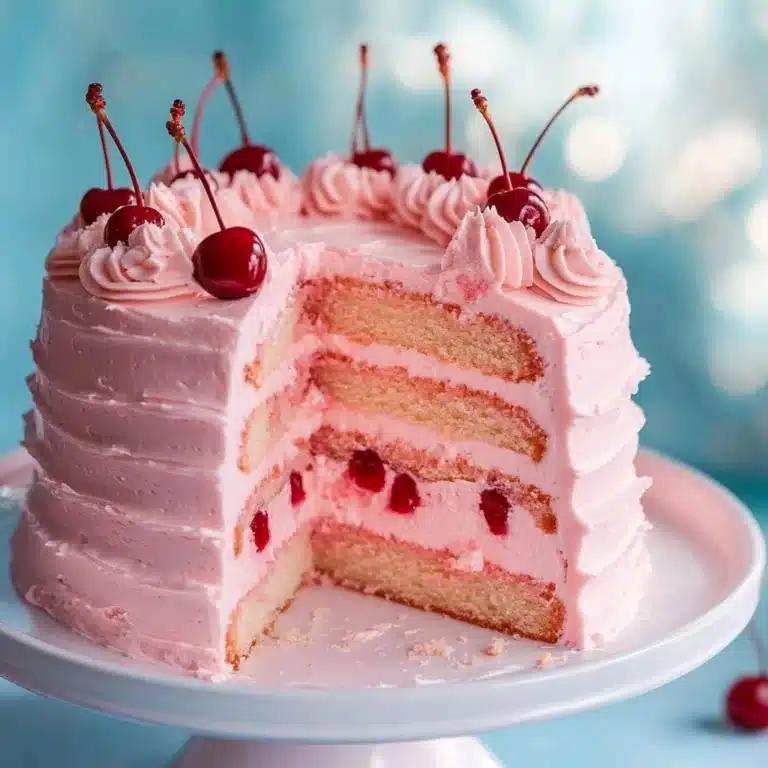 Delicious homemade cherry chip cake with colorful cherry chips garnished on top.