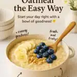 Bowl of easy homemade oatmeal topped with fresh fruits and nuts