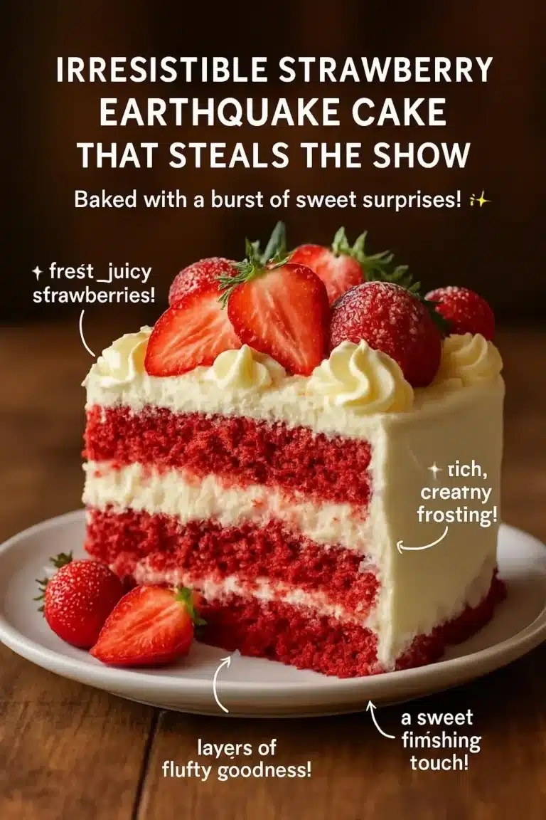 Irresistible strawberry earthquake cake with creamy frosting and fresh strawberries
