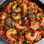 A vibrant plate of Jambalaya filled with rice, shrimp, and spices.