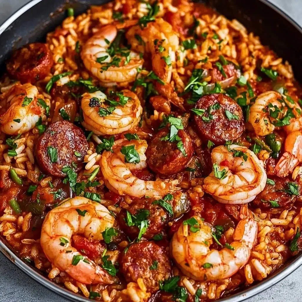 A vibrant plate of Jambalaya filled with rice, shrimp, and spices.