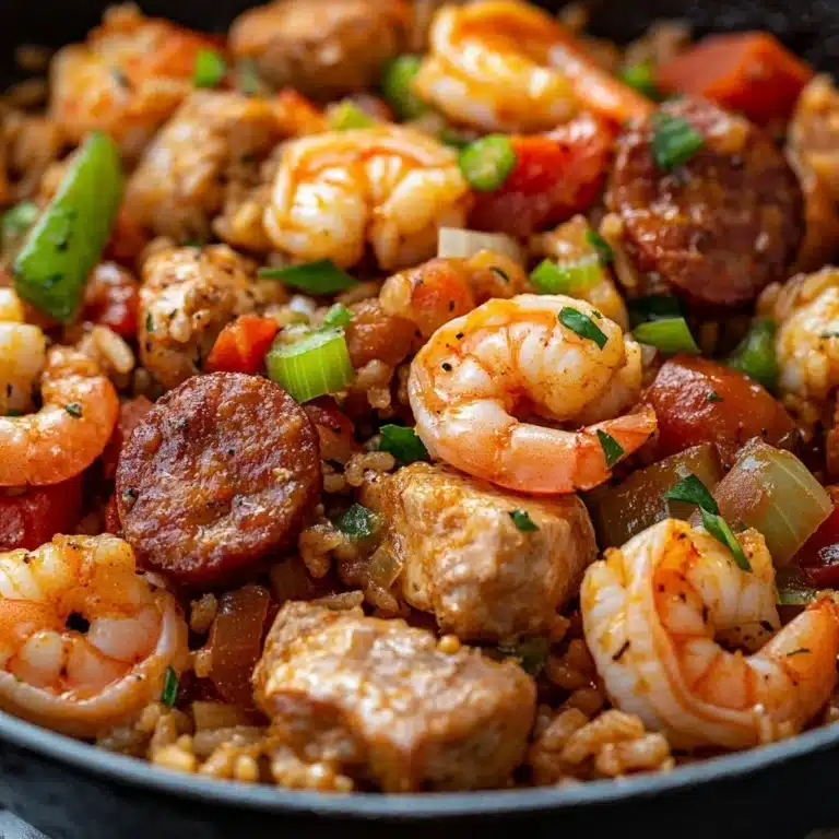 A vibrant bowl of jambalaya with rice, shrimp, and spices
