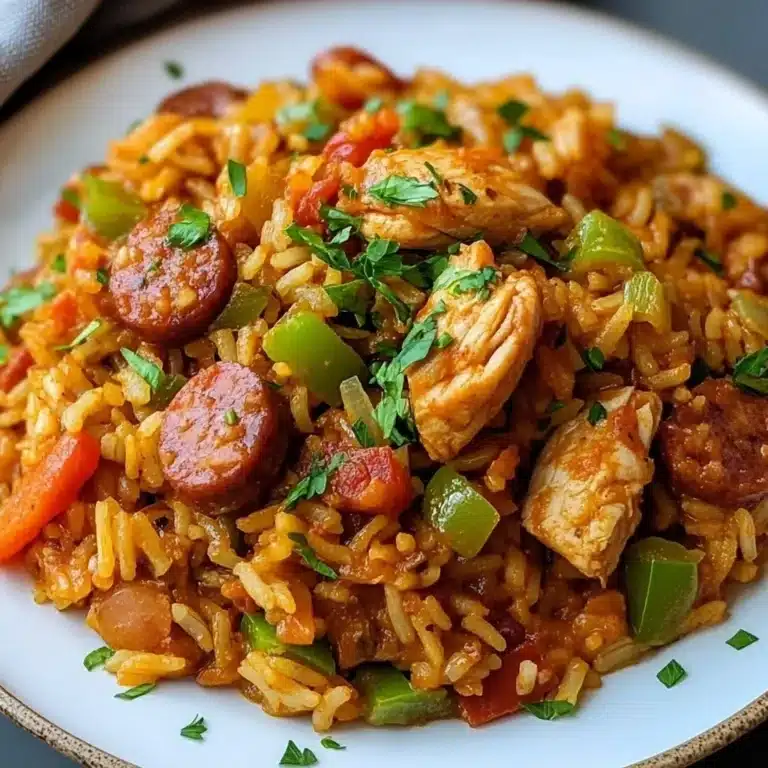 Delicious Jambalaya with chicken and turkey sausage served in a bowl.