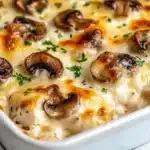 Keto Garlic Mushroom Chicken Casserole in a baking dish